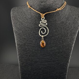 Argentium Silver Journey Spiral Pendant with Oval Vintage 925 Silver Bezel Amber Gemstone