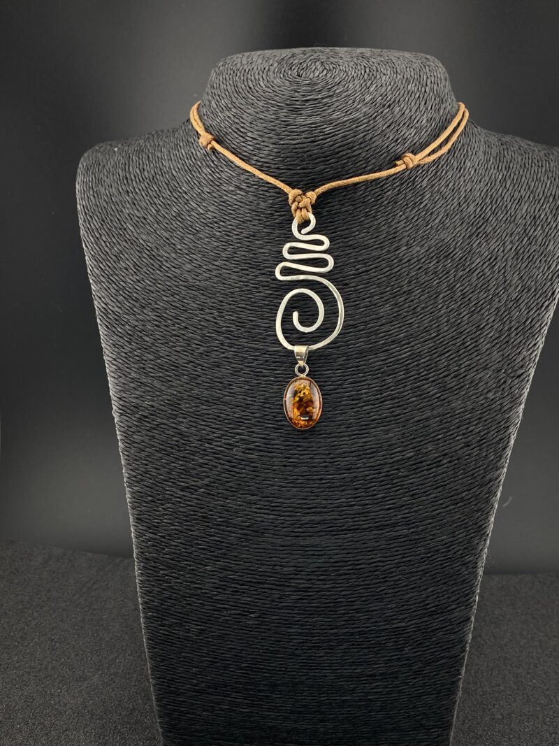 Argentium Silver Journey Spiral Pendant with Oval Vintage 925 Silver Bezel Amber Gemstone