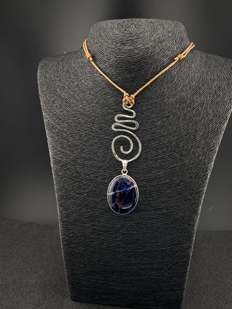 Argentium Silver Lightning Journey Spiral Pendant with Oval Silver Plated Bezel Sunset Sodalite Gemstone