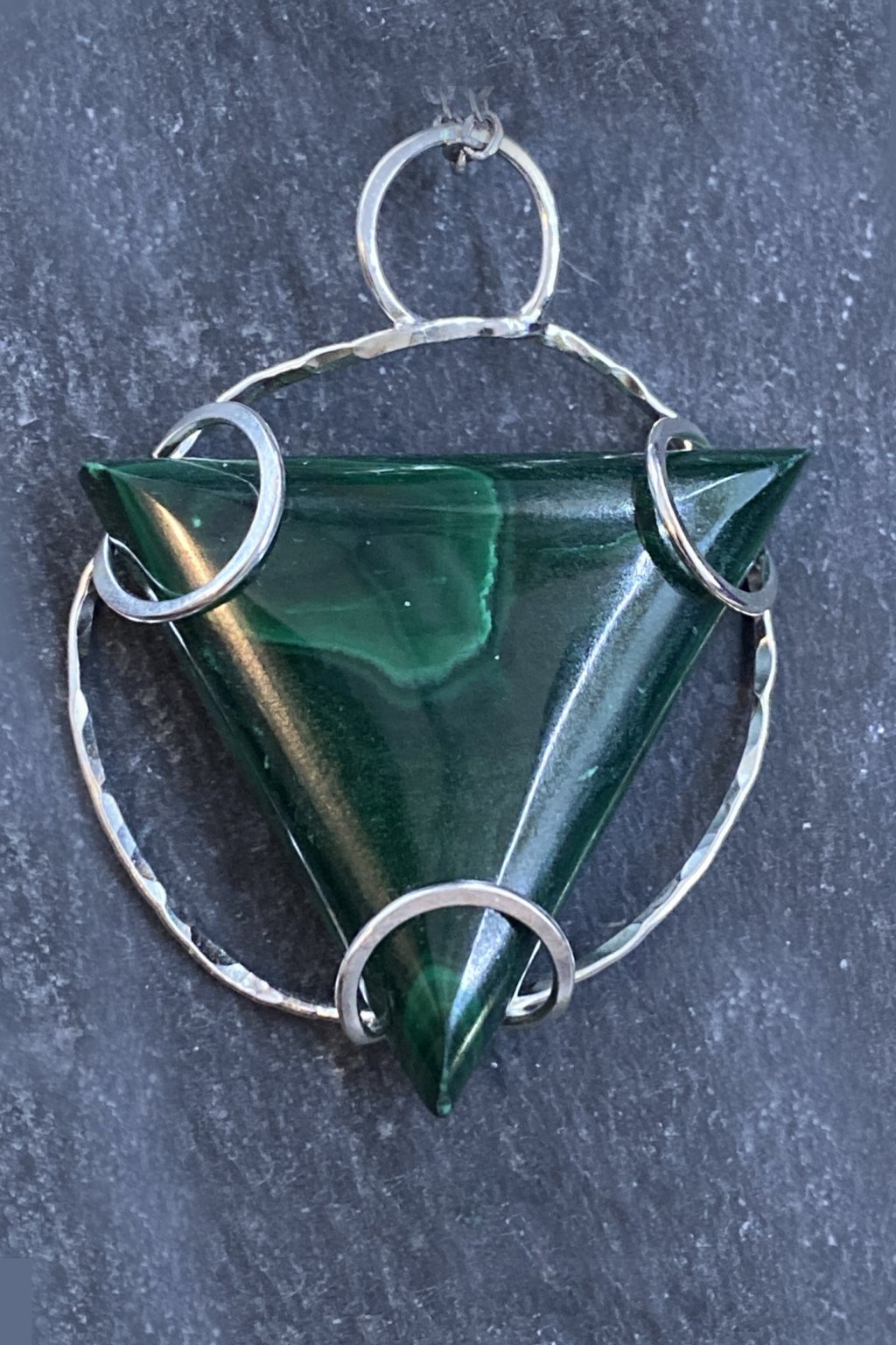MalachiteTriangle01 Malachite Forest Transformation Triad Amulet - Exquisite Argentium Silver Amorlith Pendant with Striking Malachite Uniquely Crafted By Rox pendant argentium_silver malachite